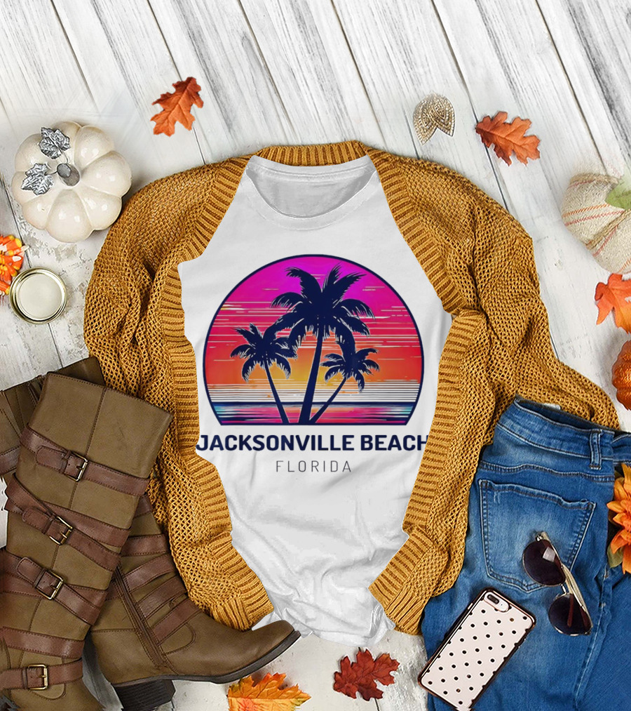 Jacksonville Beach Florida Palm Tree Sunset Circle T-Shirt