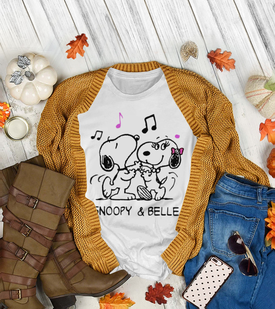 Snoopy and Belle Dancing with Musical Notes and Pink Accents T-Shirt