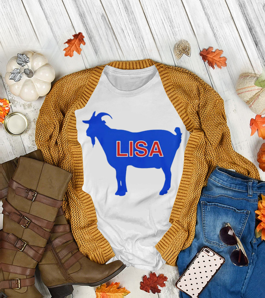 Lisa L Dubbs Goat Silhouette with Name in Bold Red Letters Blue Background T-Shirt