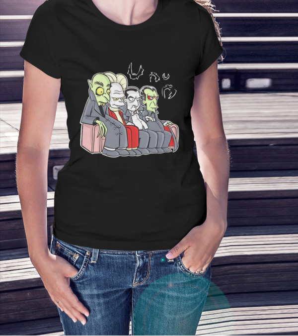 Various Versions Of Draculas Seated On A Couch With Bat Symbols T-Shirt