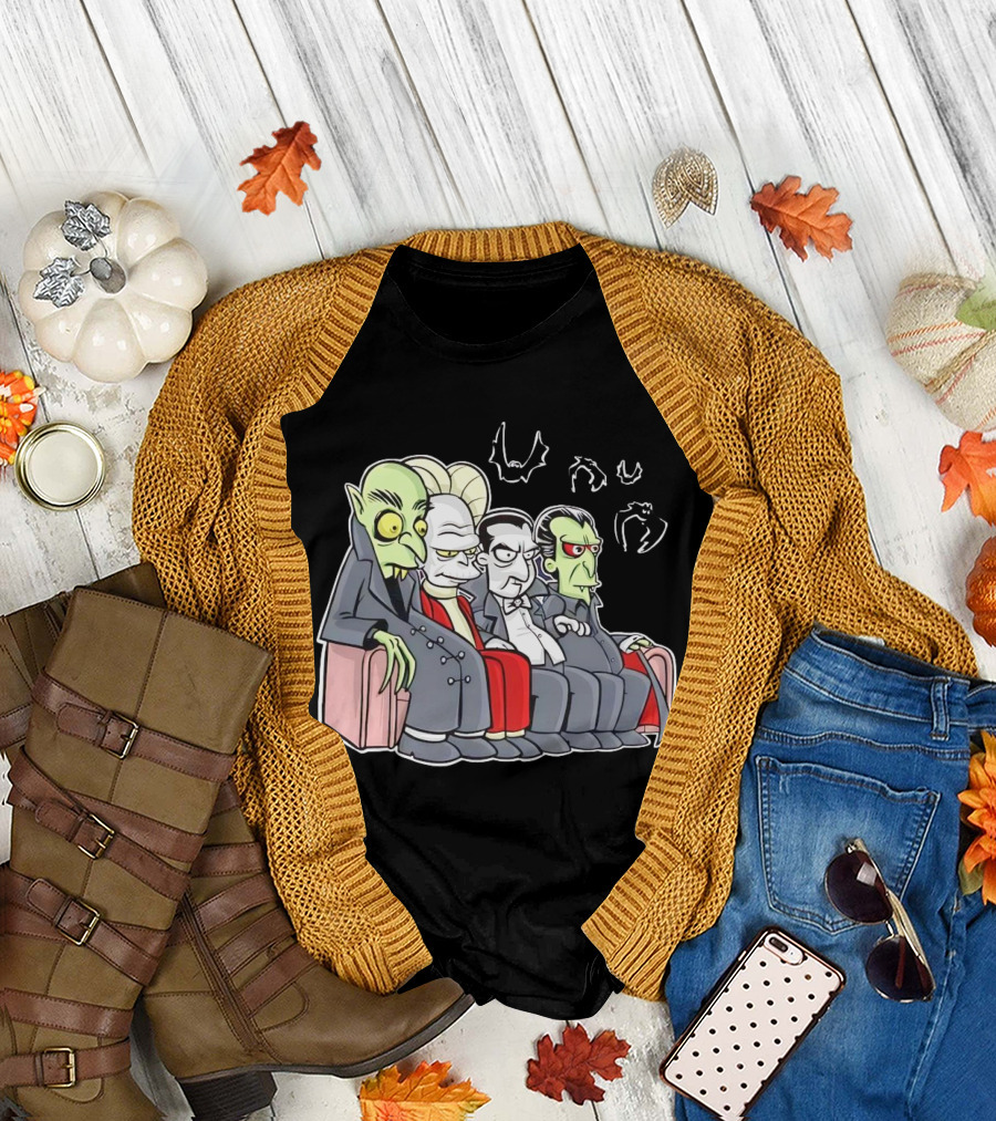Various Versions of Draculas Seated on a Couch with Bat Symbols T-Shirt