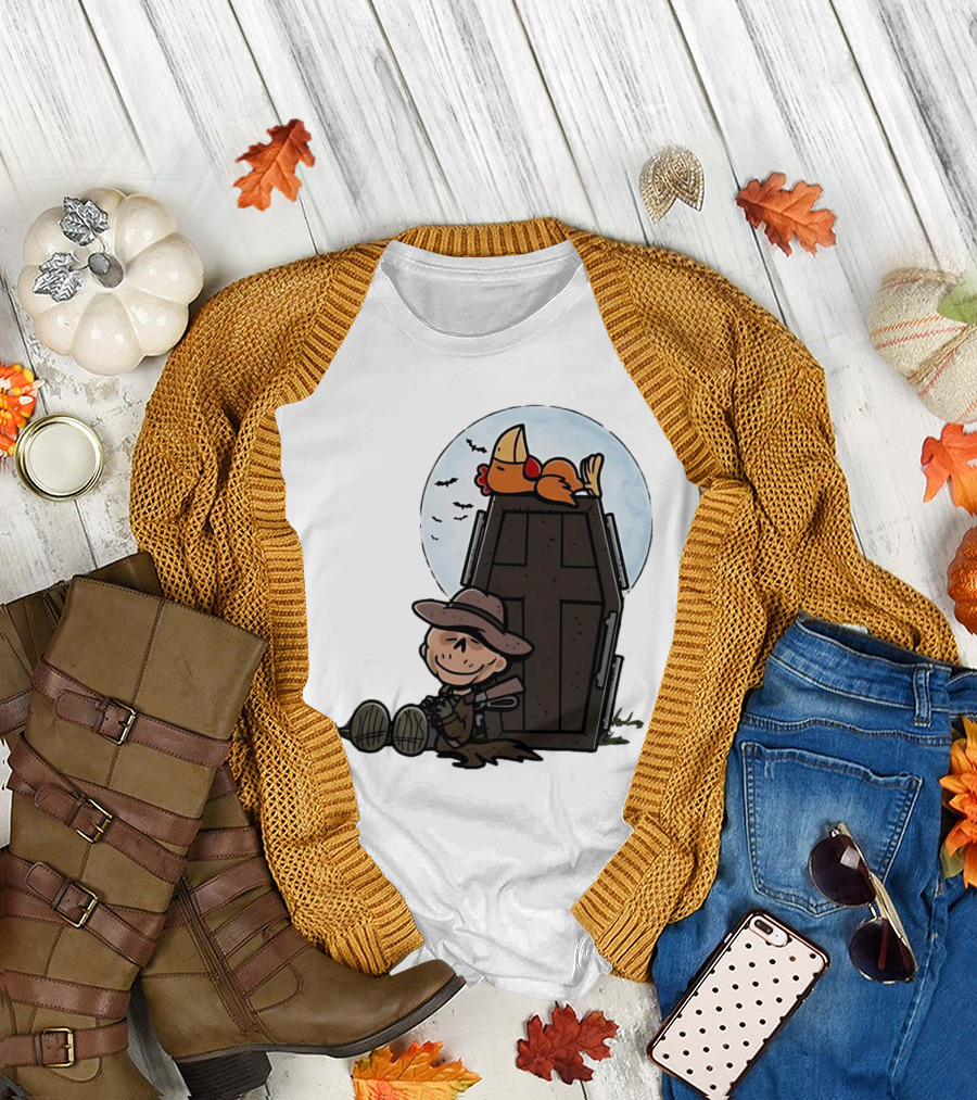 Ghoul and a Chicken from Fallout Peanuts Style Sitting by Coffin Under Moon with Bats T-Shirt