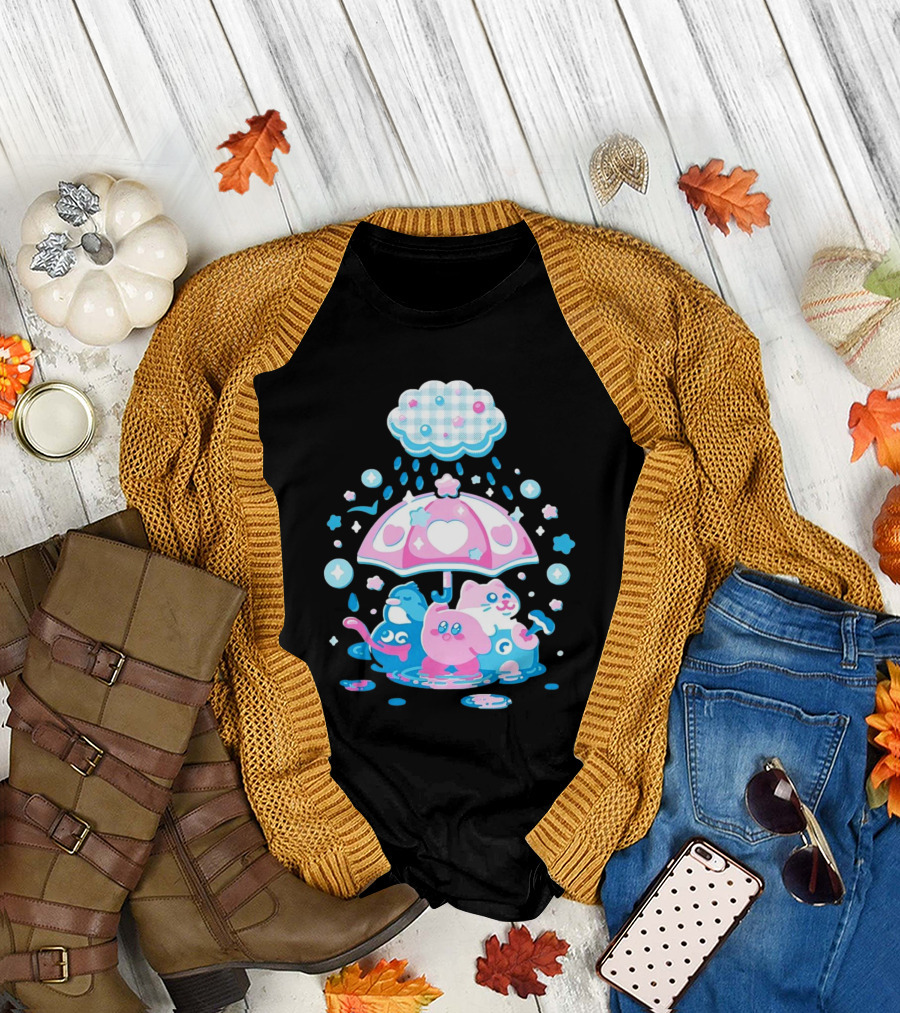 Kirby Gooey and Rick Under Heart Umbrella with Stars and Raindrops T-Shirt