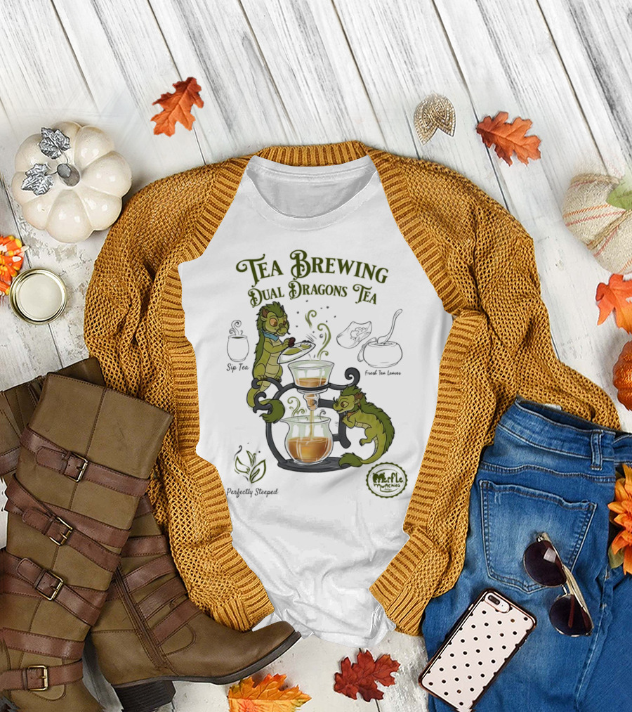 Tea Brewing Dual Dragons Sip Tea Perfectly Steeped Leaf and Kettle T-Shirt
