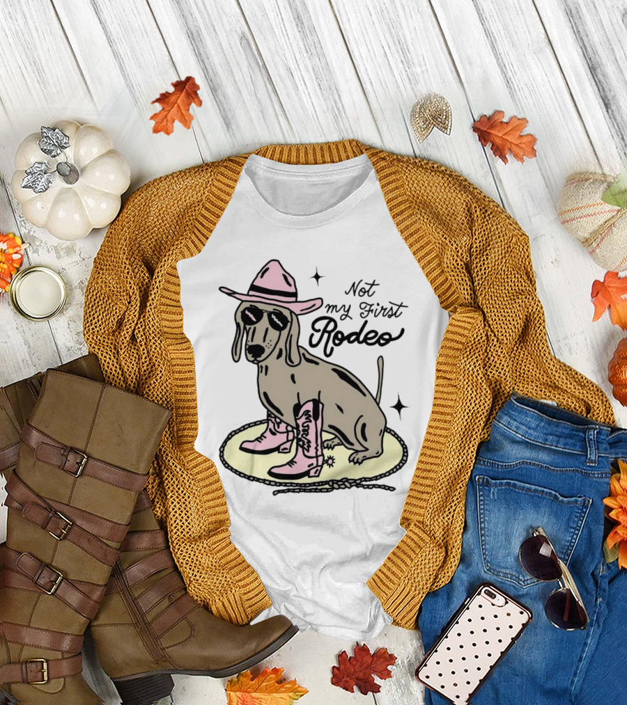 Not My First Rodeo Dog with Cowboy Hat and Boots T-Shirt
