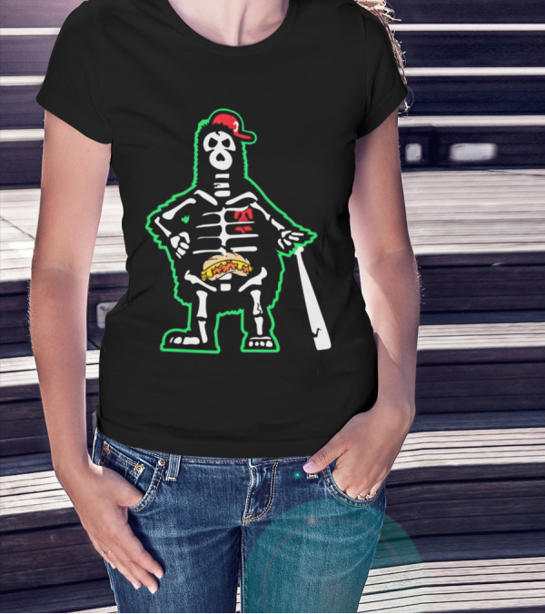 Phillie Phanatic Skeleton With Baseball Bat And Hot Dog Belly T-Shirt