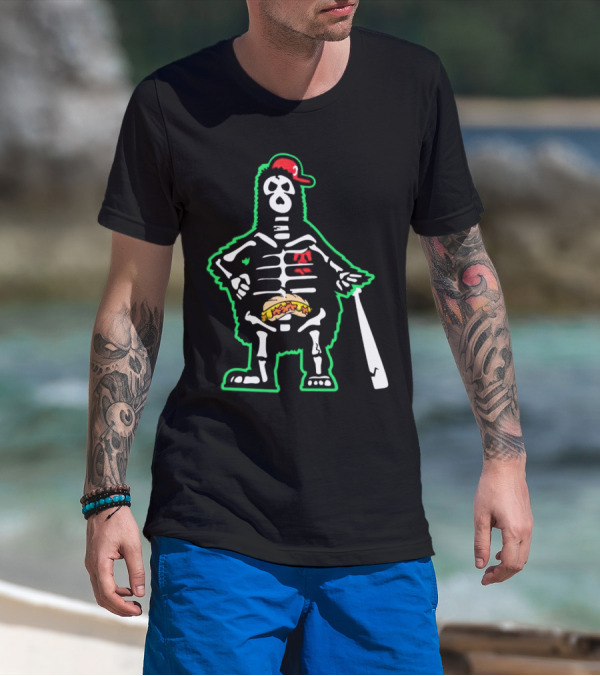 Phillie Phanatic Skeleton With Baseball Bat And Hot Dog Belly T-Shirt
