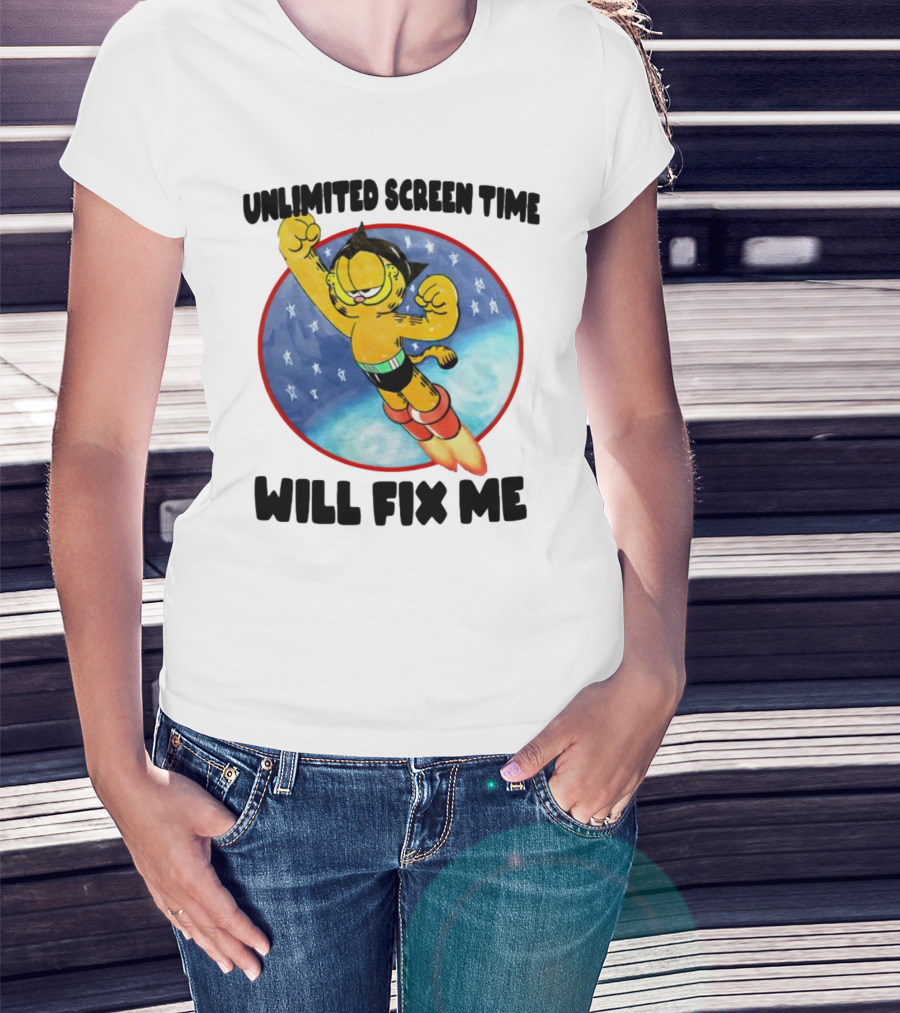 Unlimited Screen Time Will Fix Me Garfield Superhero Flight T-Shirt