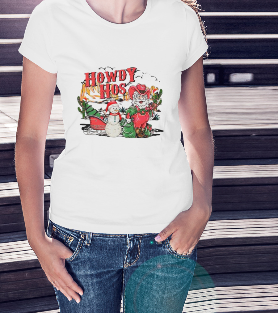 Howdy Hos Santa Snowman Sled Cowboy Christmas Scene T-Shirt