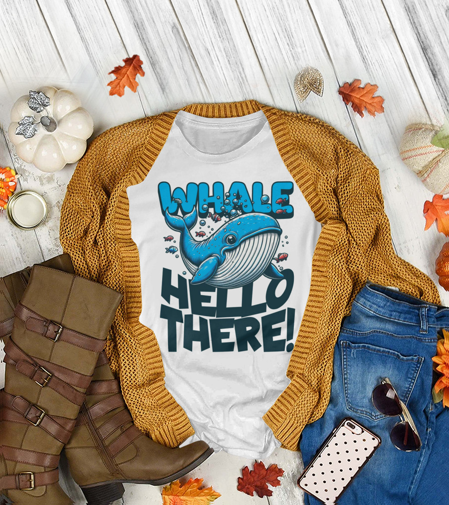 Whale Hello There Playful Cartoon Whale with Bubbles and Fish T-Shirt