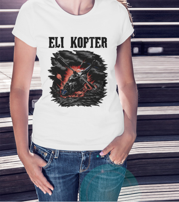 Eli Kopter Helicopter In Stormy Sky With Red Explosion T-Shirt