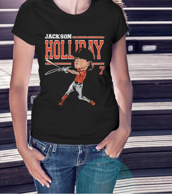 Jackson Holliday Baltimore Orioles Cartoon Batting Stance Number 7 T-Shirt