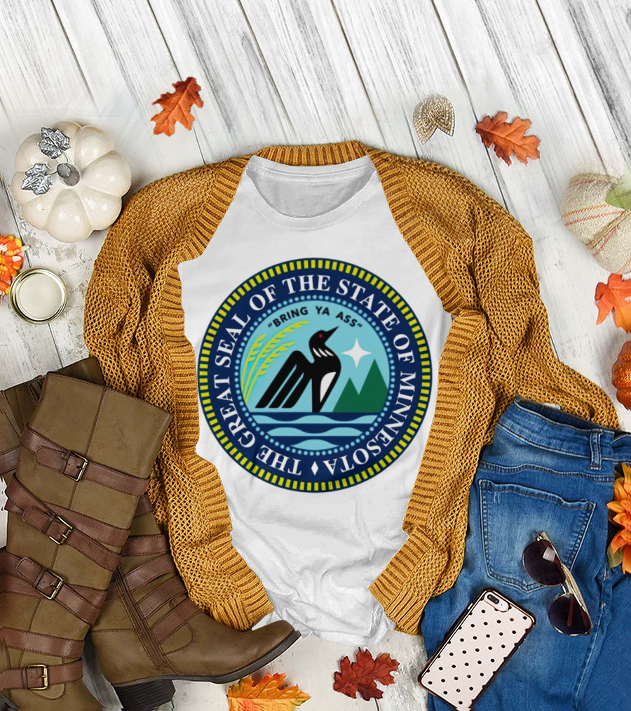 The Great Seal Of The State Of Minnesota Bring Ya Ass Black Bird Mountains Waves Star T-Shirt