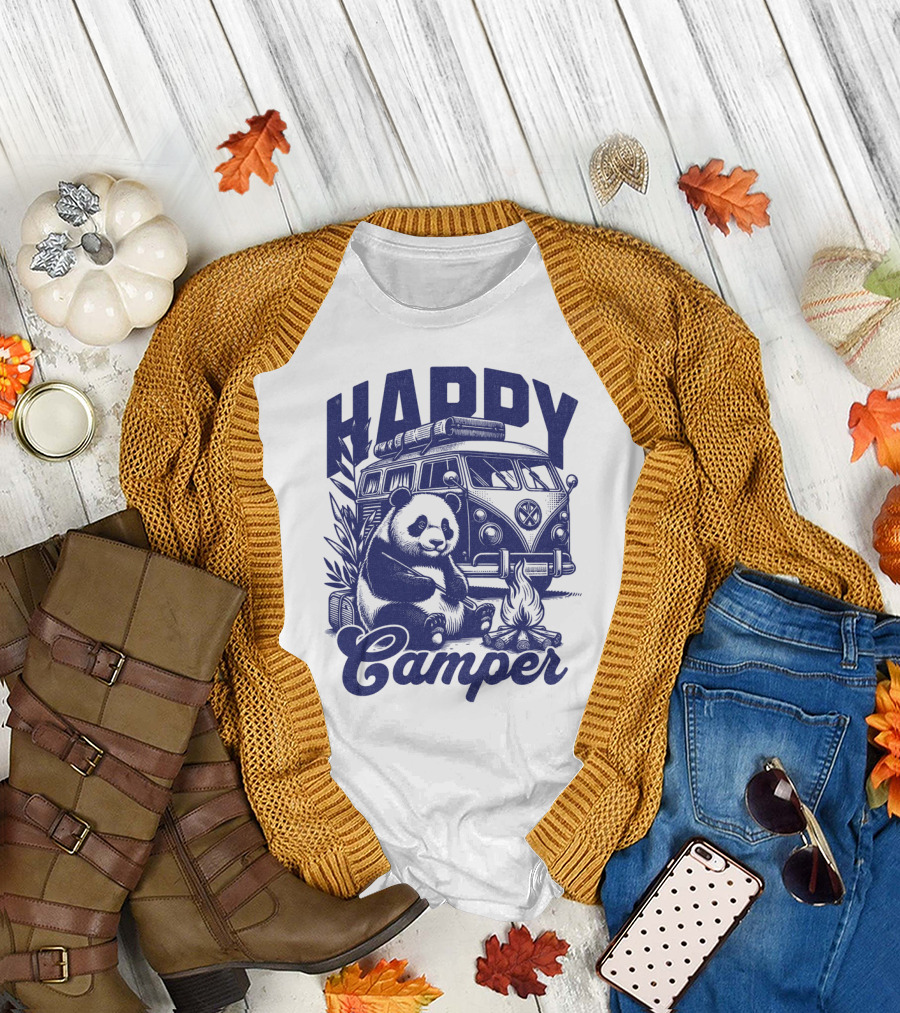 Happy Camper Panda by Van and Campfire Vintage T-Shirt
