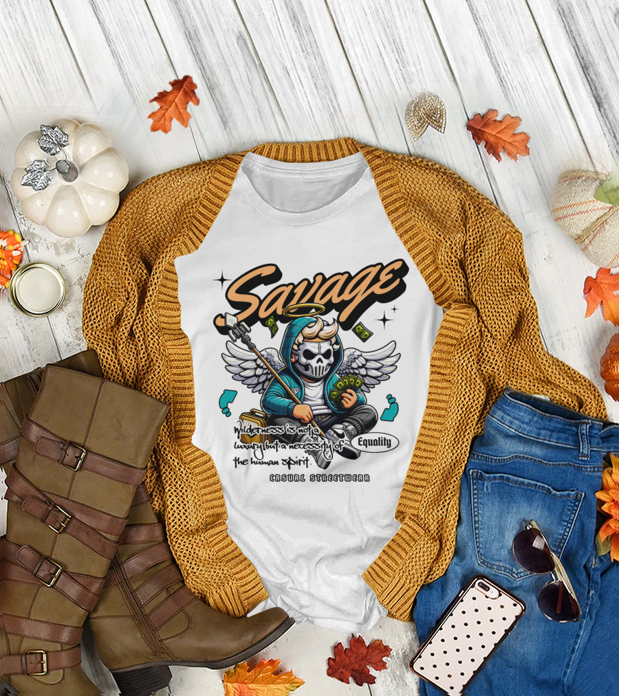 Savage Casual Streetwear Winged Masked Character with Money and Halo T-Shirt