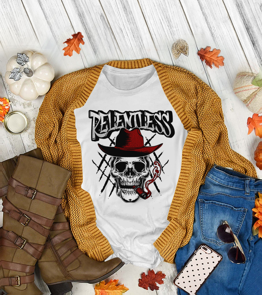Relentless Skull with Red Hat and Pipe T-Shirt