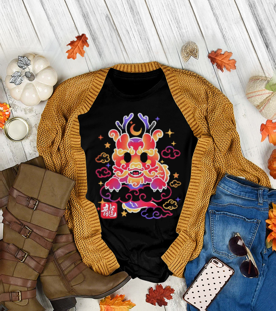 Kawaii Chinese Dragon with Colorful Clouds and Stars Asian Aesthetic T-Shirt