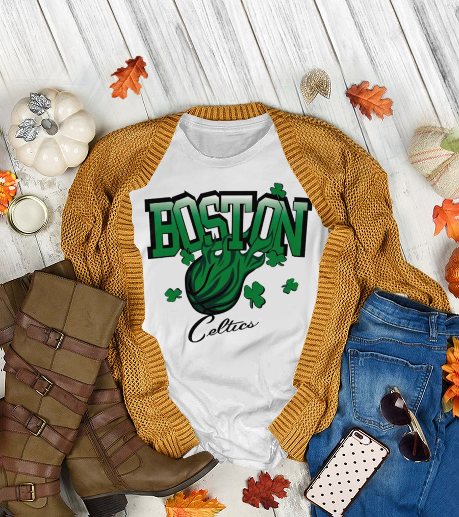 Boston Celtics Vintage Shamrock Basketball Flame T-Shirt
