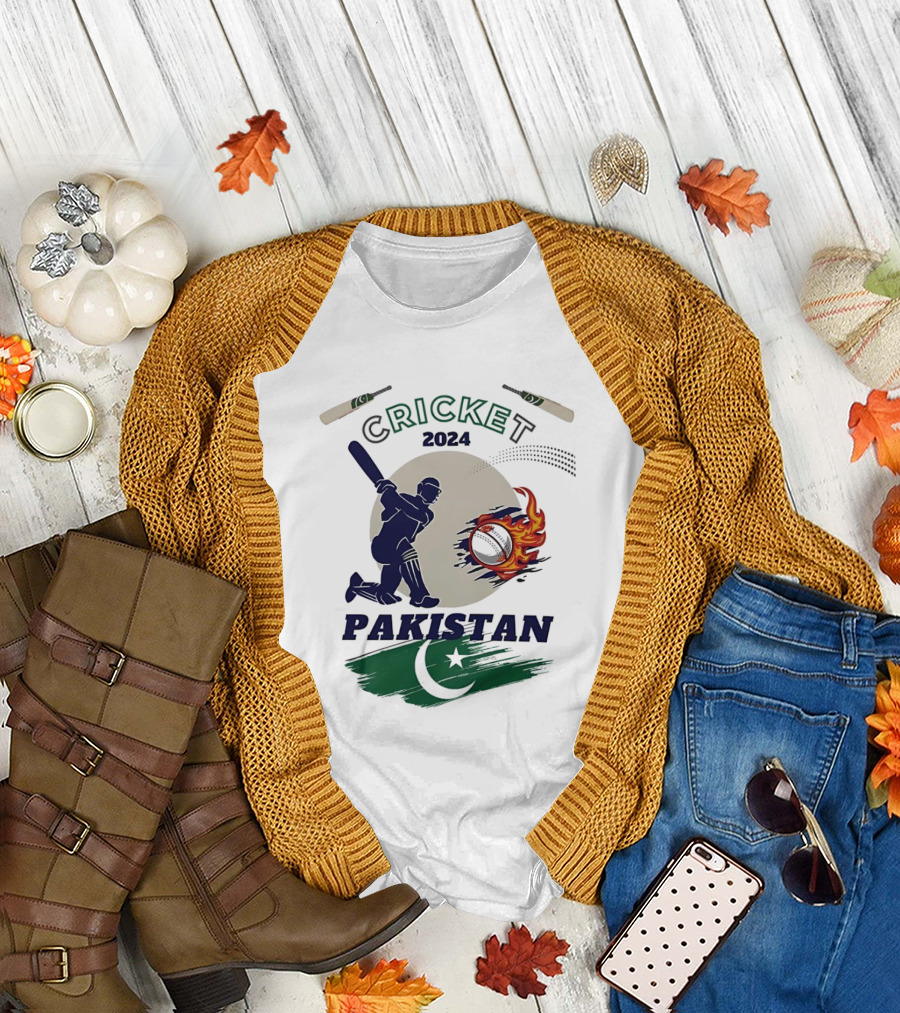 Cricket 2024 Pakistan Batsman and Fiery Ball with Flag Elements T-Shirt