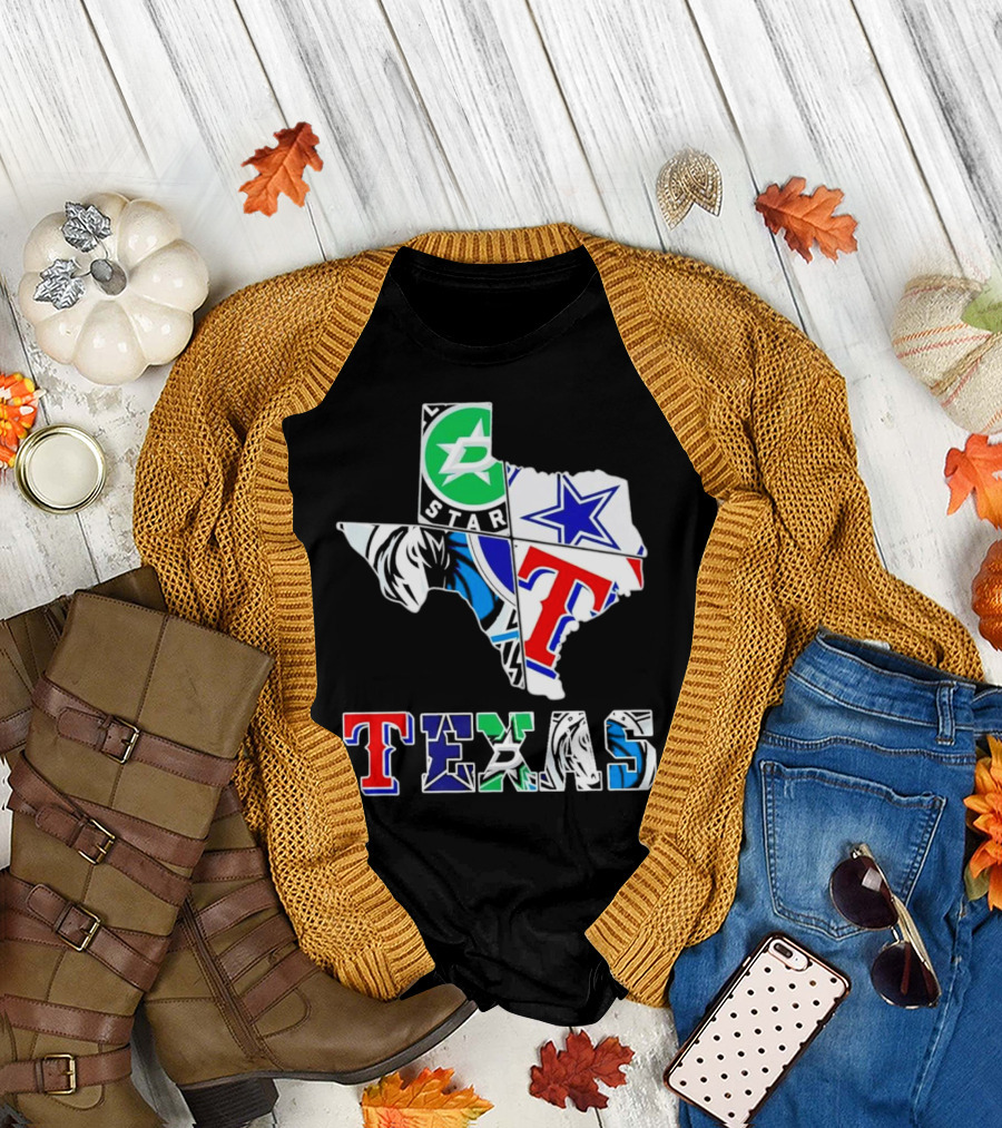 Dallas Hockey Cowboys Rangers Mavericks Texas Map T-Shirt