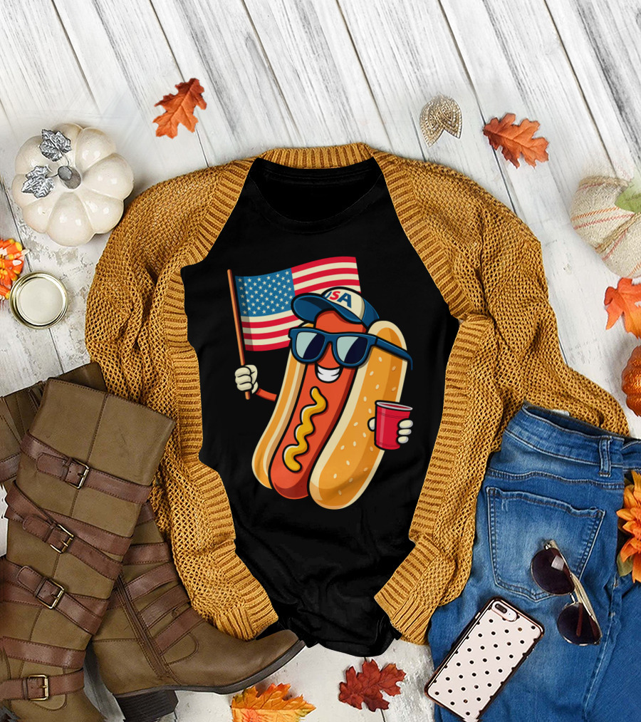 Fourth of July USA Hotdog with American Flag and Sunglasses T-Shirt