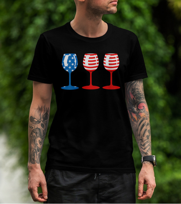 American Flag Fourth Of July Wine Glass Trio Stars And Stripes Patriotic T-Shirt