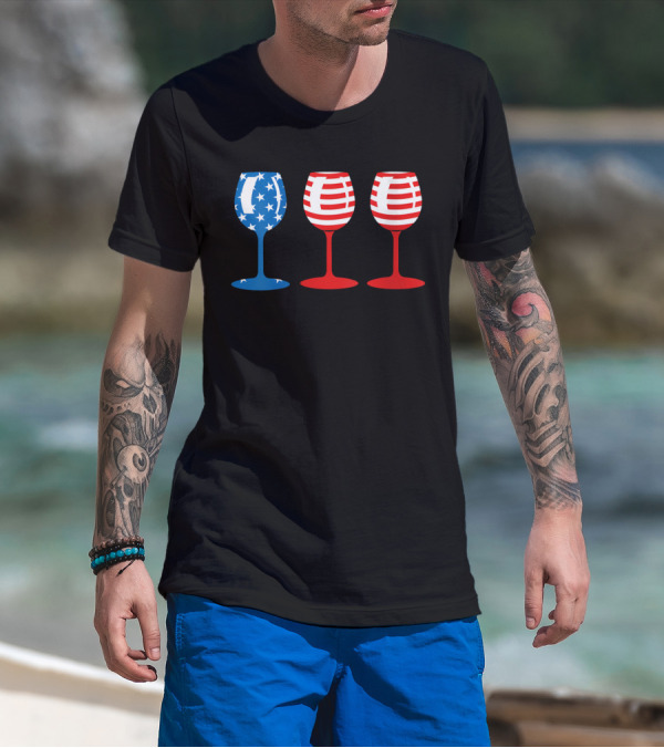 American Flag Fourth Of July Wine Glass Trio Stars And Stripes Patriotic T-Shirt