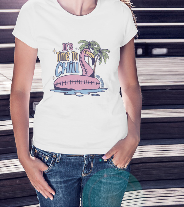 It's Time To Chill Flamingo Palm Trees Ocean Keith Owings T-Shirt