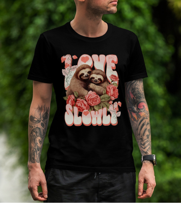 Love Slowly Sloth Couple Romance Valentine Heart Roses T-Shirt