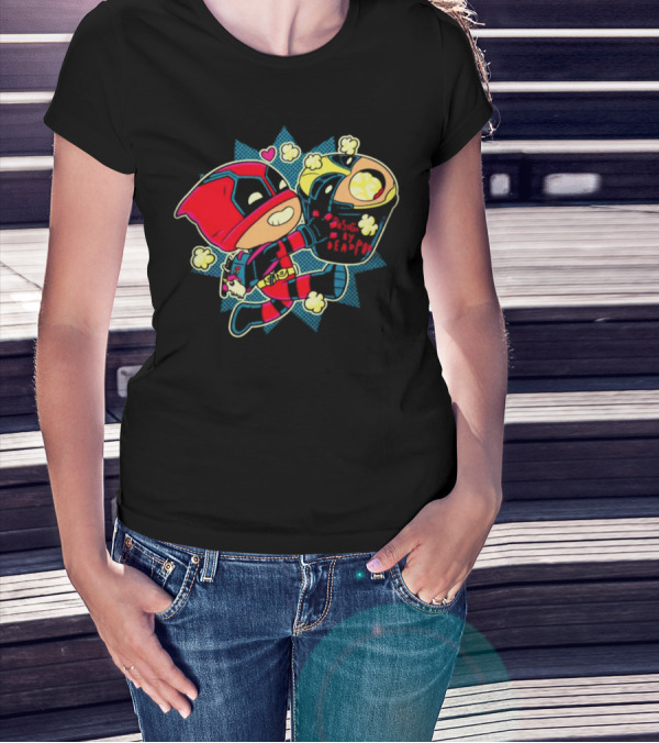 Deadpool Wolverine Pushing By Deadpool Popcorn Buckets Heart T-Shirt
