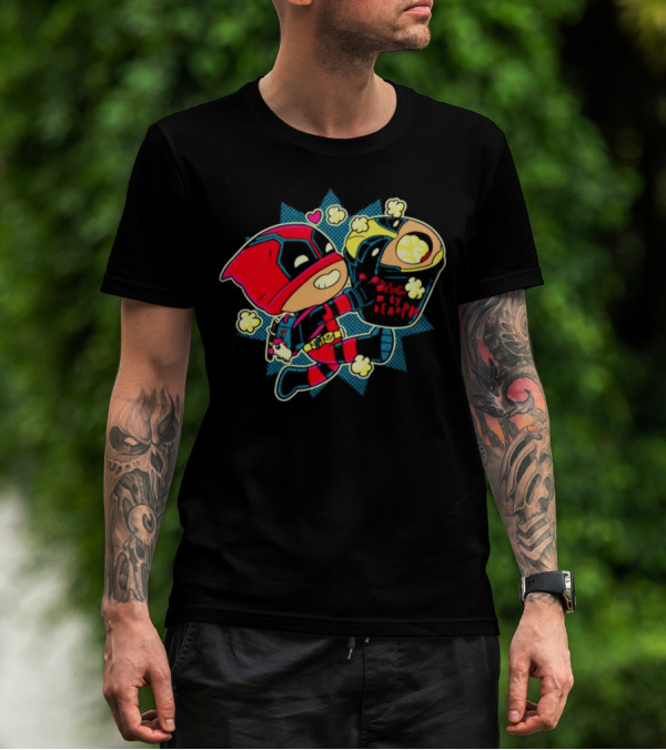 Deadpool Wolverine Pushing By Deadpool Popcorn Buckets Heart T-Shirt