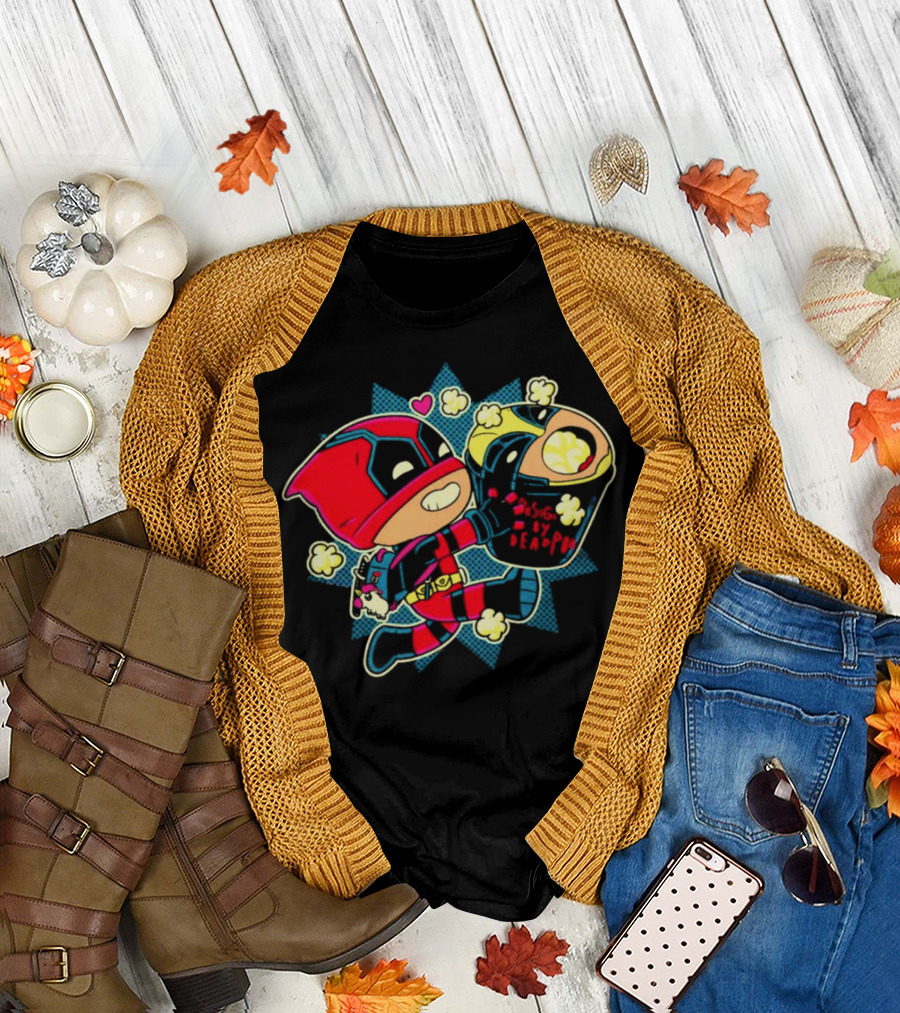Deadpool Wolverine Pushing By Deadpool Popcorn Buckets Heart T-Shirt