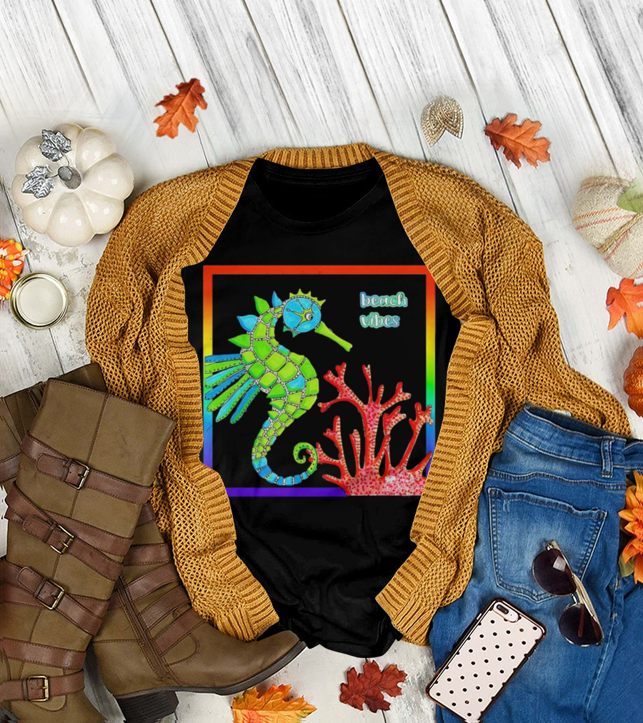 Beach Vibes Seahorse and Coral Rainbow Frame T-Shirt
