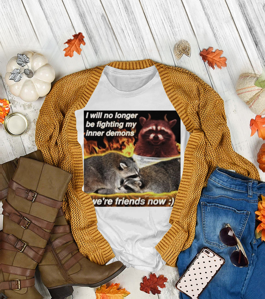 I Will No Longer Be Fighting My Inner Demons Raccoon Fire We're Friends Now T-Shirt