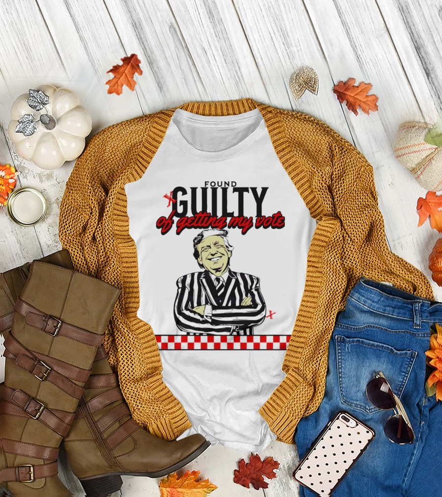 Found Guilty of Getting My Vote Trump Humor with Smiling Figure and Red Checkered Line T-Shirt