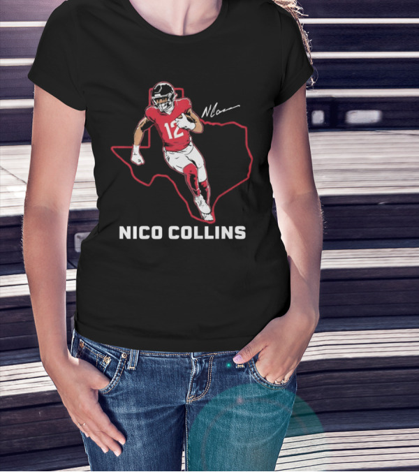 Nico Collins 12 Houston Texans State Outline Signature T-Shirt