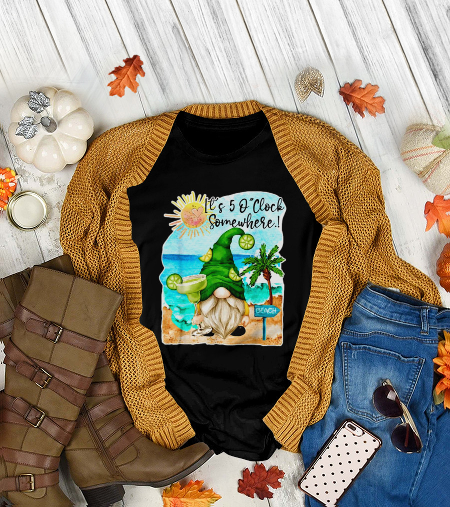 It's 5 O'Clock Somewhere Margarita Gnome Beach Palm Trees T-Shirt