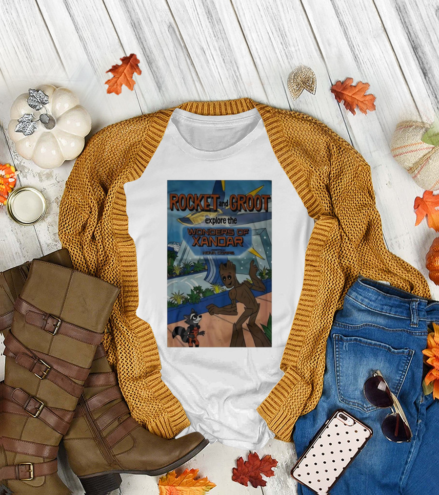 Rocket and Groot Explore the Wonders of Xandar Featuring the Nova Corps T-Shirt