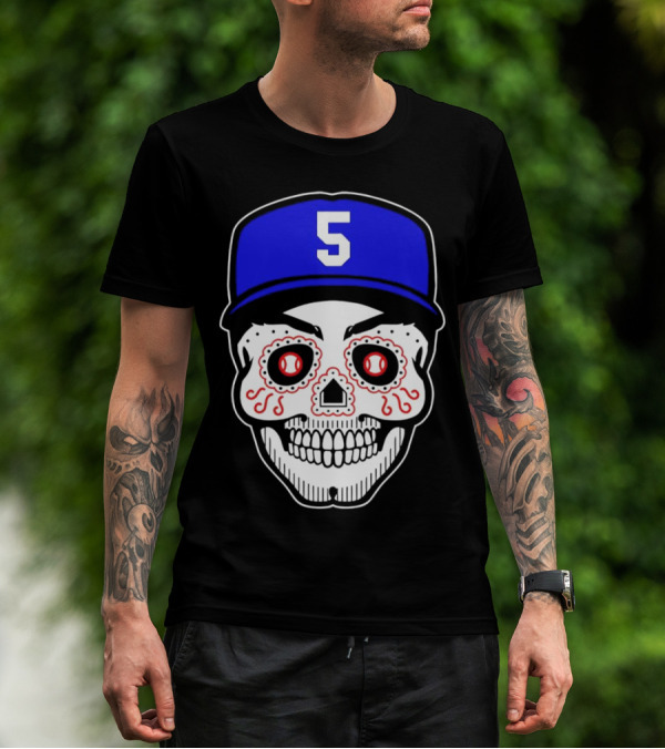 Freddie Freeman Sugar Skull Design Los Angeles Dodgers Number 5 Baseball Cap T-Shirt