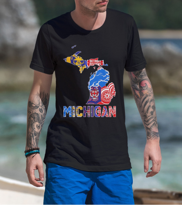 Michigan Sports Teams Logos Map Detroit Pistons Lions Tigers Red Wings T-Shirt