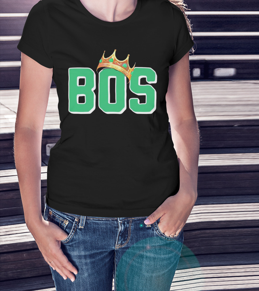 BOS Boston Basketball Champions Crown Symbol Green Letters T-Shirt