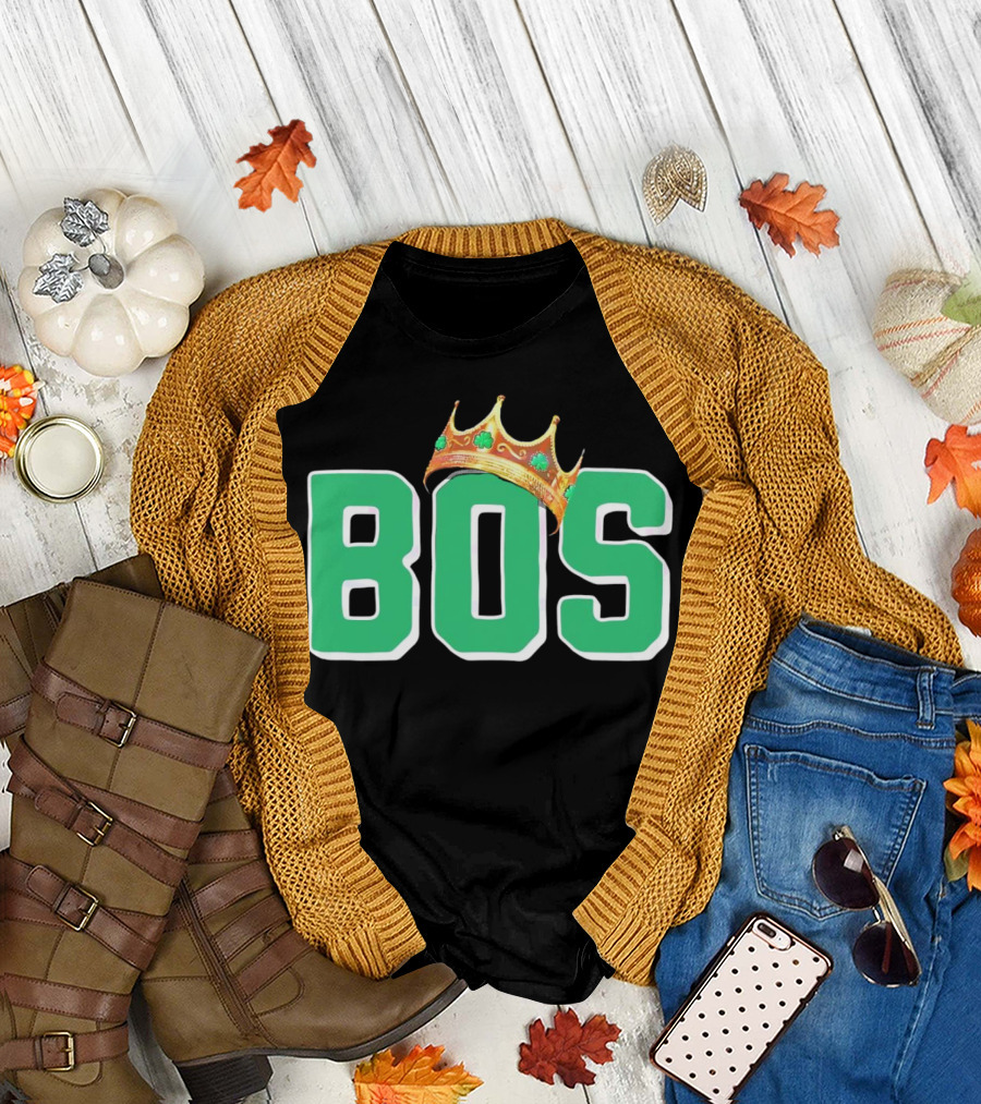 BOS Boston Basketball Champions Crown Symbol Green Letters T-Shirt