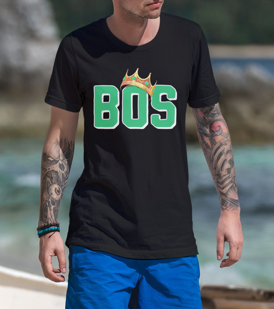 BOS Boston Basketball Champions Crown Symbol Green Letters T-Shirt