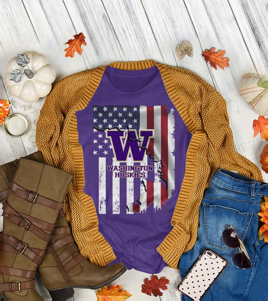 Washington Huskies W Logo American Flag T-Shirt