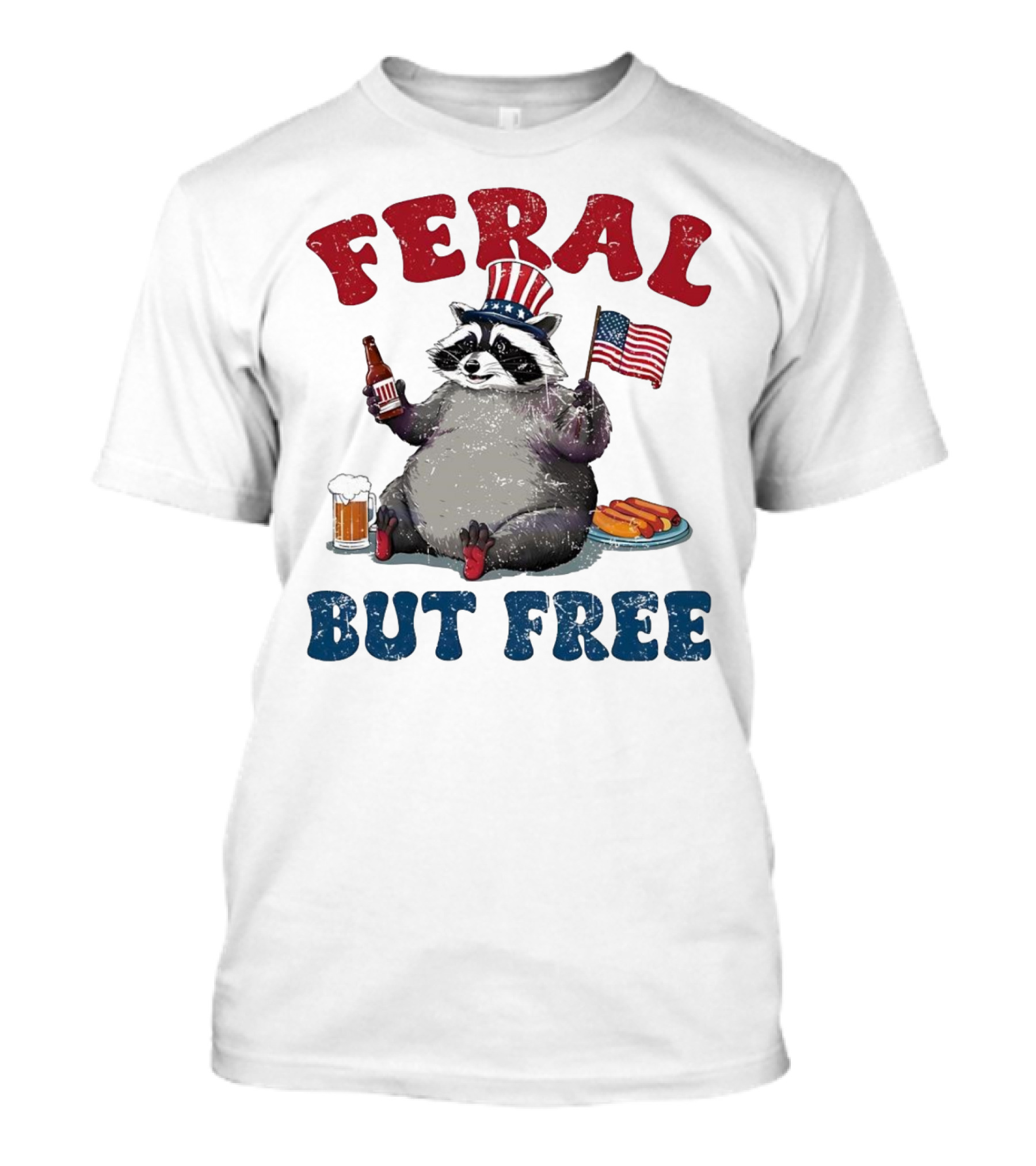 Feral But Free Raccoon Holding USA Flag On 4th Of July T-Shirt