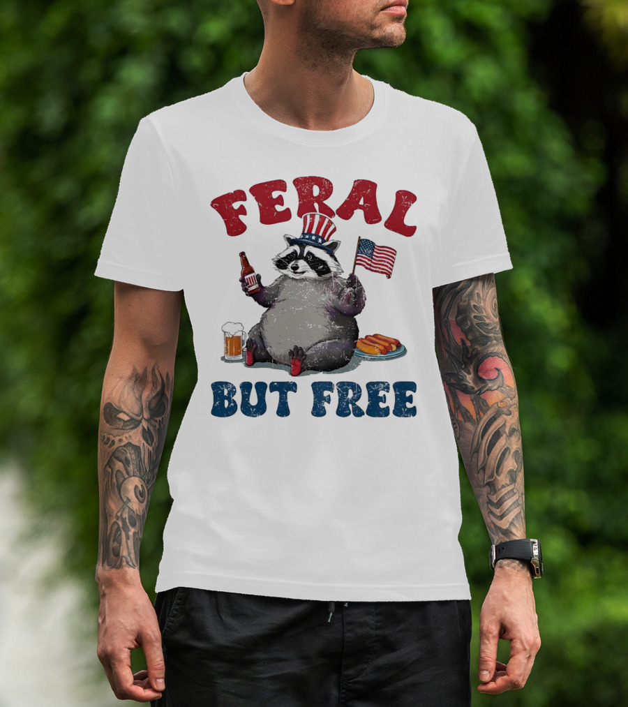 Feral But Free Raccoon Holding USA Flag On 4th Of July T-Shirt