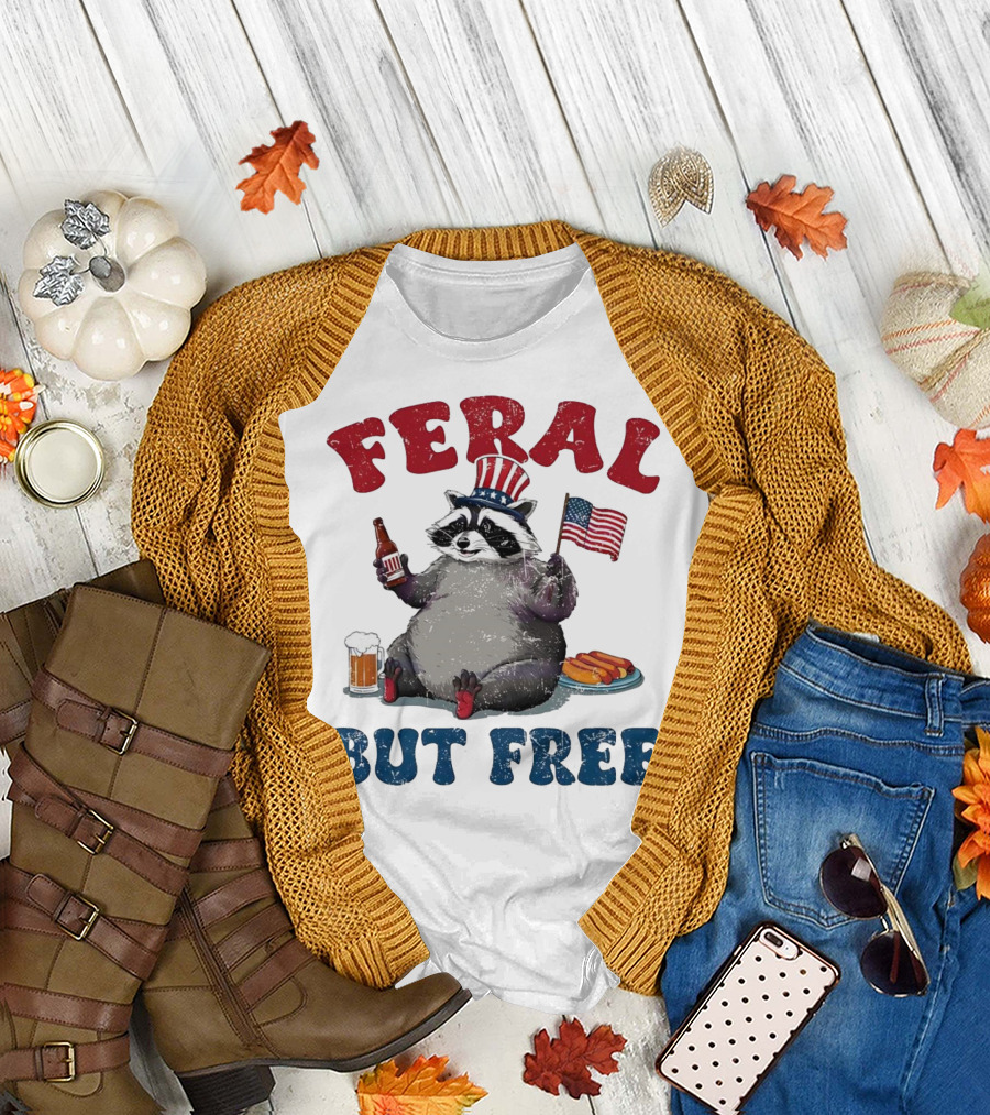 Feral But Free Raccoon Holding USA Flag On 4th Of July T-Shirt