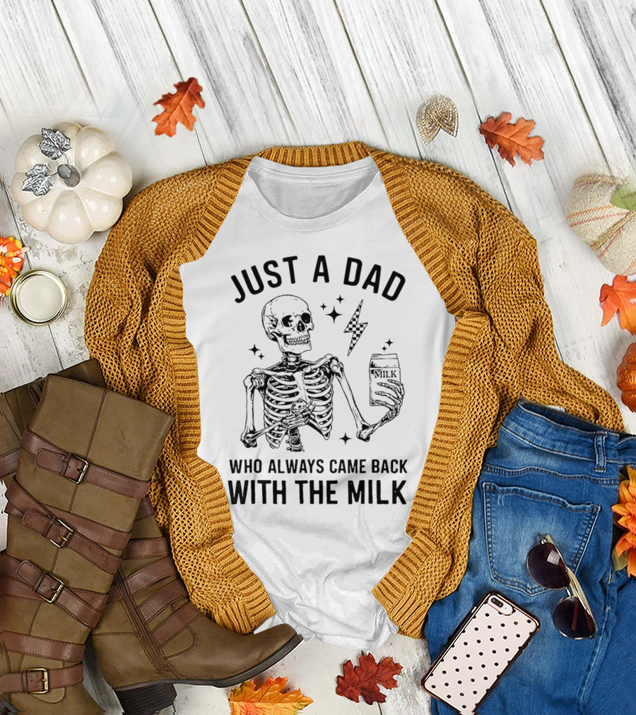 Skeleton Just a Dad Who Always Came Back with the Milk Lightning and Stars T-Shirt