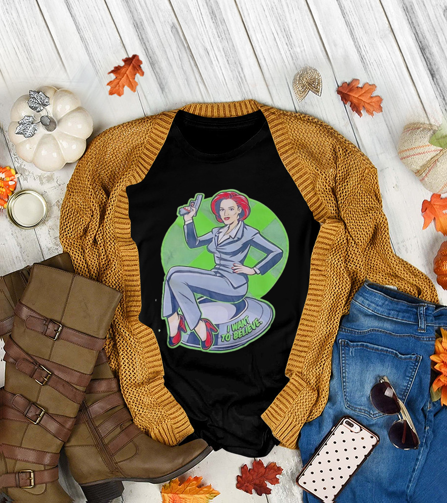 Gillian Anderson I Want to Believe Retro Cartoon Alien T-Shirt