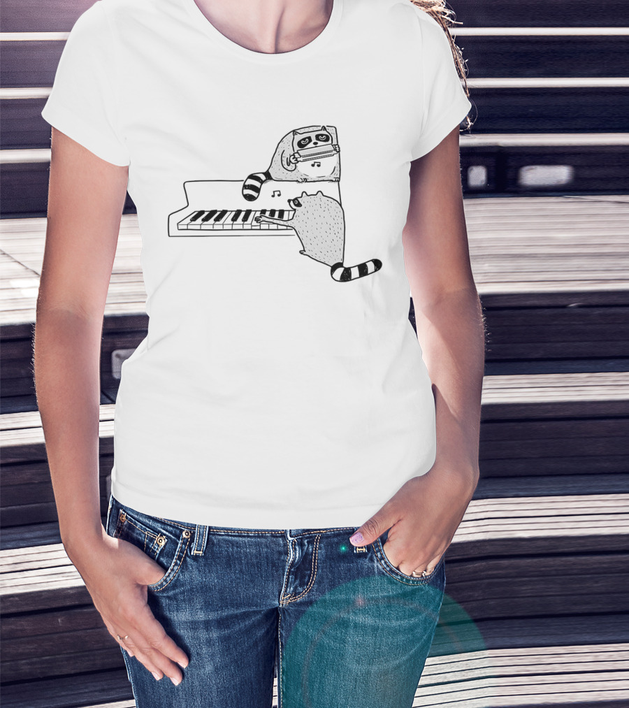 Racoon Playing Piano Nocturnal Musicians With Harmonica Duo T-Shirt